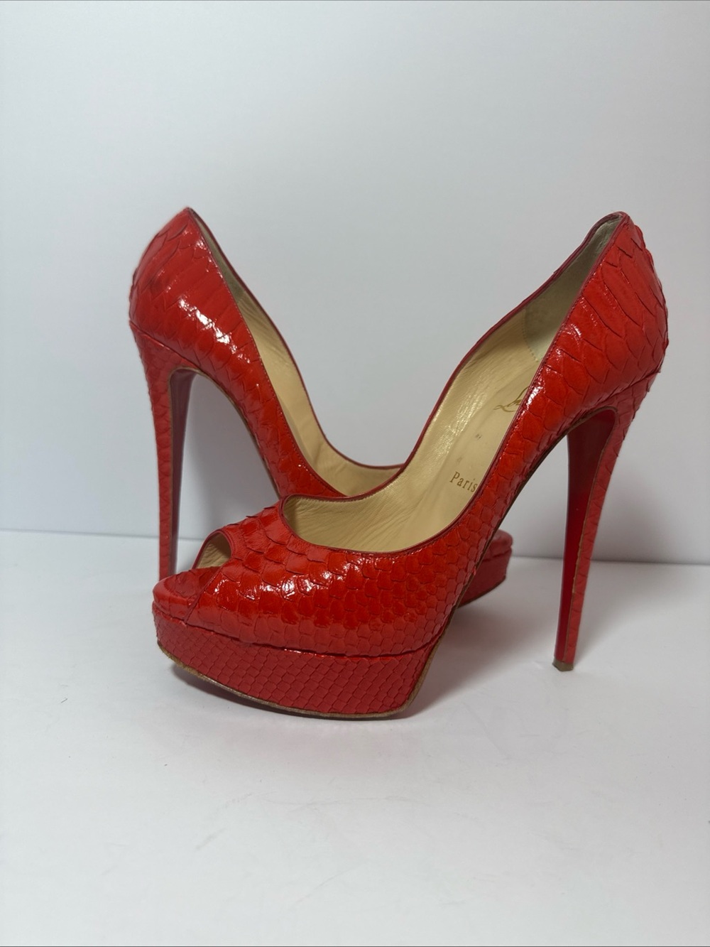Christian Louboutin Troca Python Snake Peep-Toe Stiletto Pumps Heels